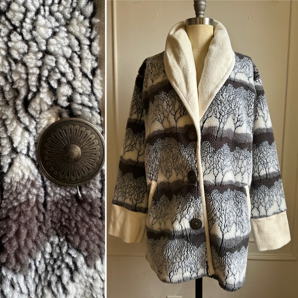 Vintage 80s Winter Tree Line Shawl Collar Fleece Cardigan Jacket