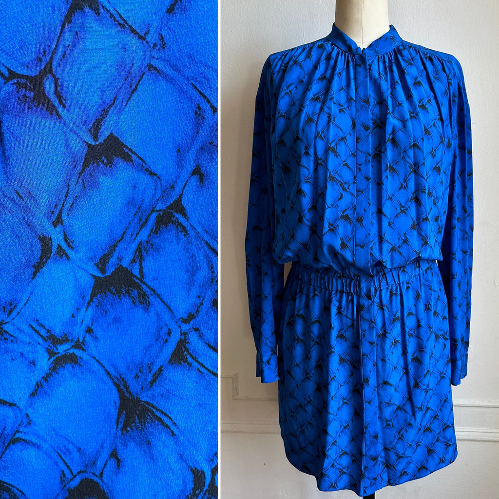 Diane Von Furstenberg 100% Blue Snake Print Silk Long Sleeve Dress