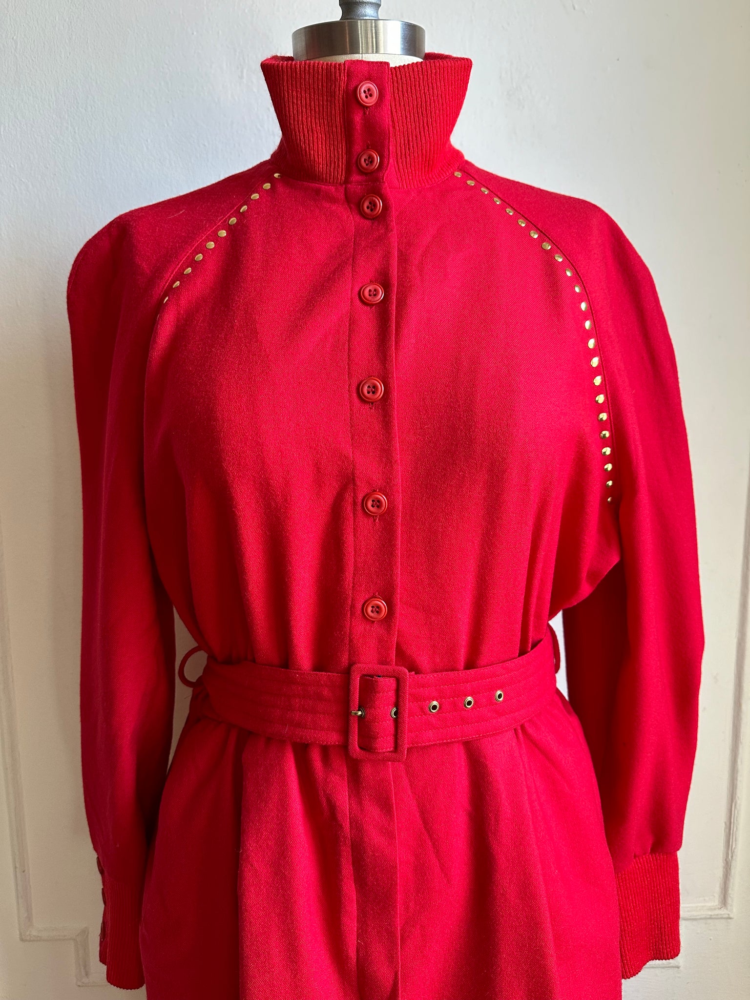 Vintage 80s Red Long Sleeve High Neck Wool Belted Dress