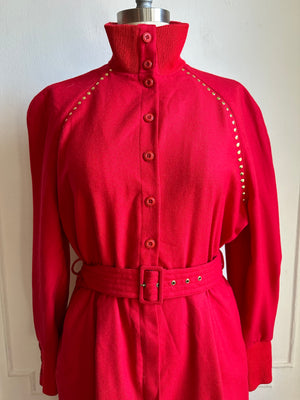 Vintage 80s Red Long Sleeve High Neck Wool Belted Dress