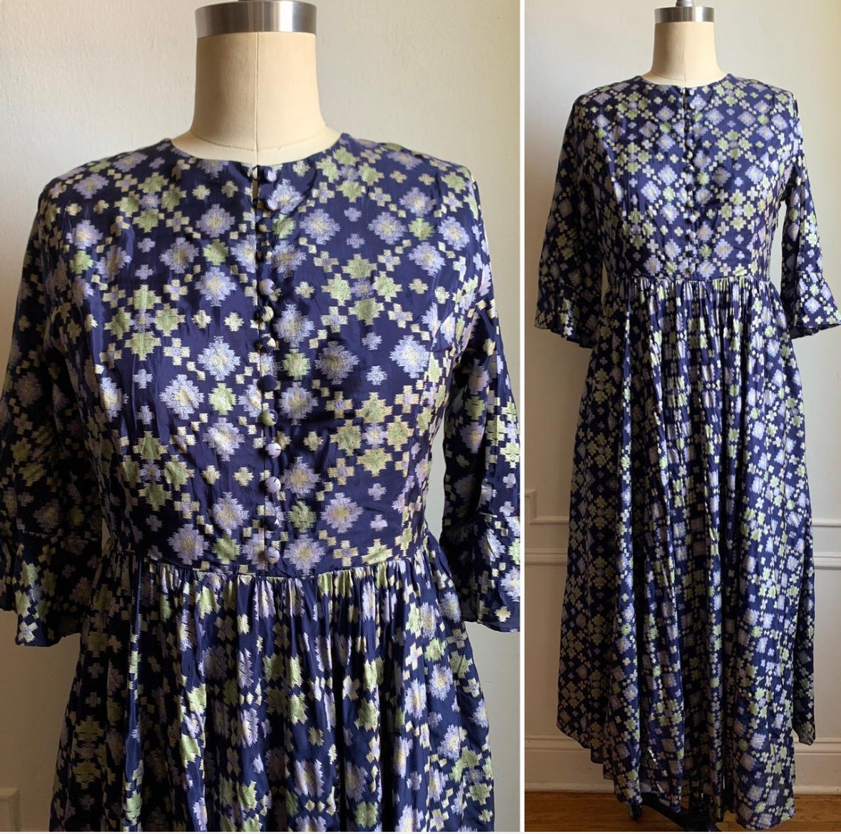 Vintage Handmade Blue Sheer Back Long Sleeve Maxi Dress