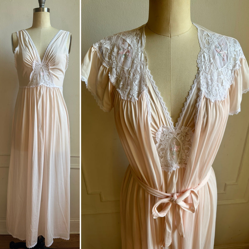 Vintage Pink and White Sheer Lace Nightgown and Robe