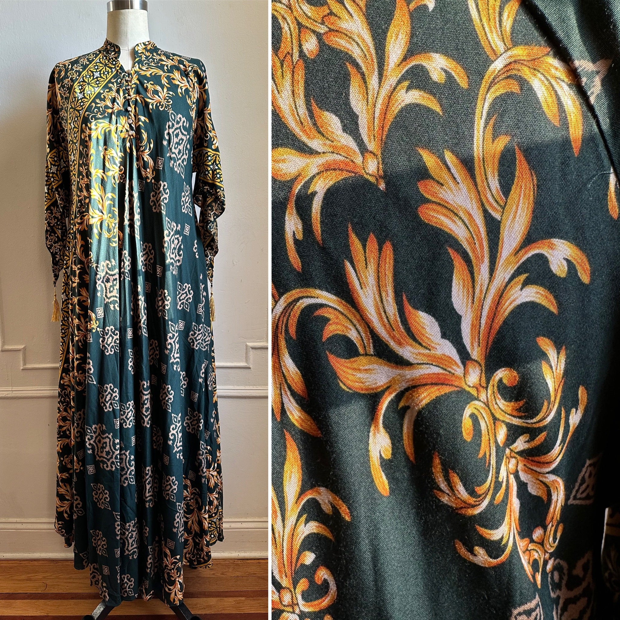 Vintage Deep Green Tassel Kaftan Modest Maxi Dress
