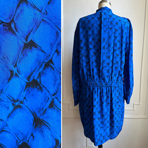 Diane Von Furstenberg 100% Blue Snake Print Silk Long Sleeve Dress