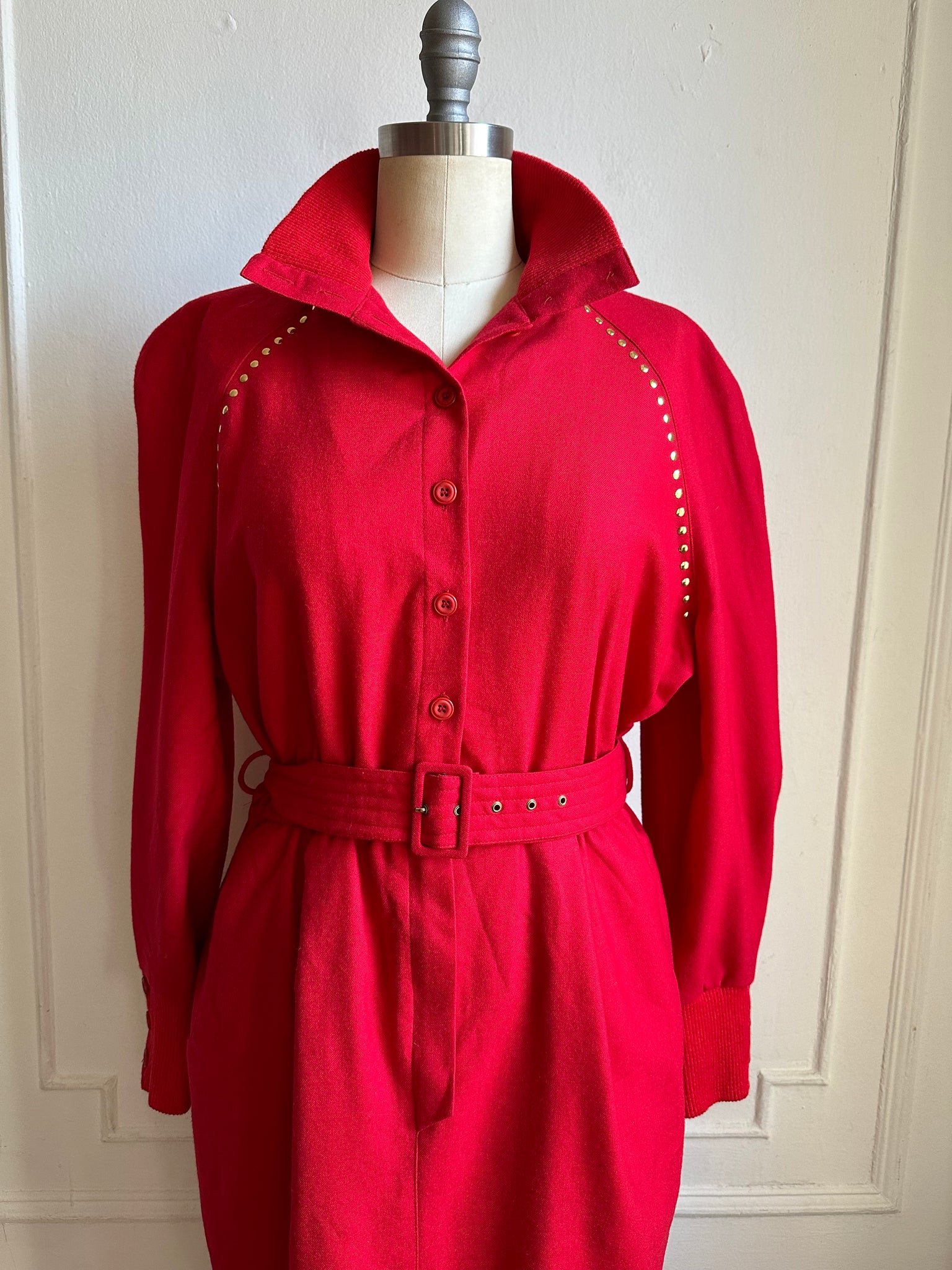 Vintage 80s Red Long Sleeve High Neck Wool Belted Dress