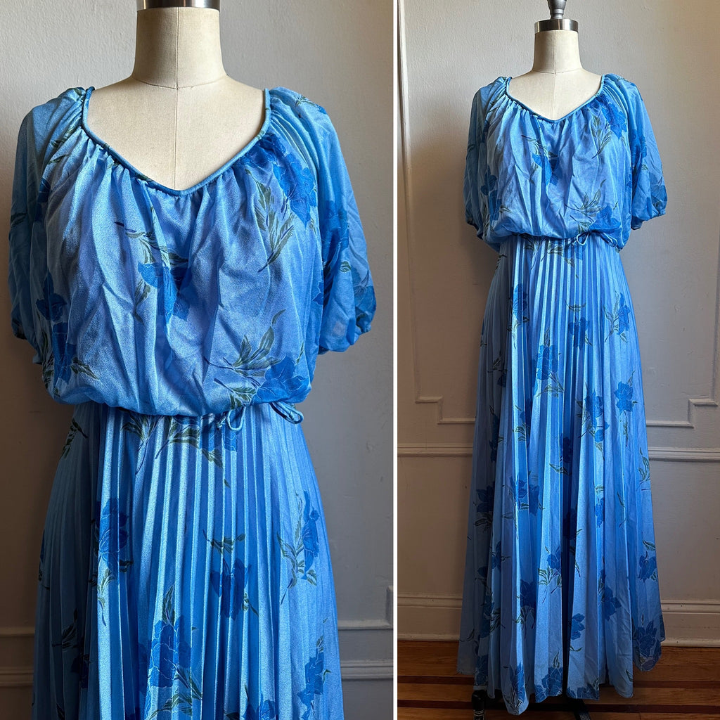 Vintage 70s Floral Blue Pleated Maxi Dress