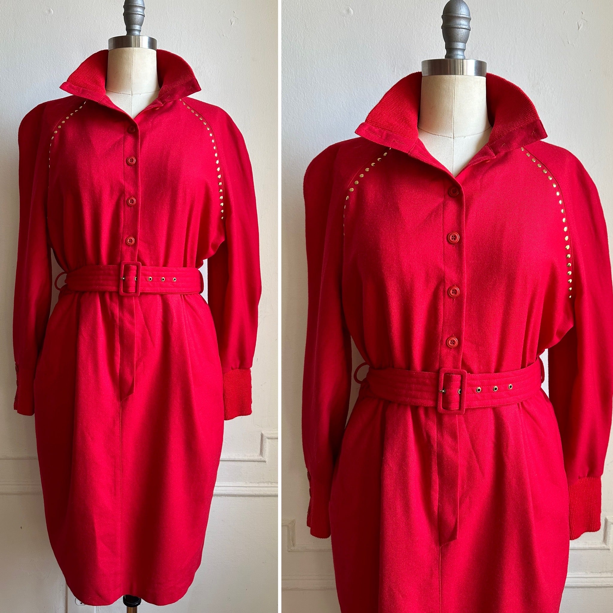 Vintage 80s Red Long Sleeve High Neck Wool Belted Dress