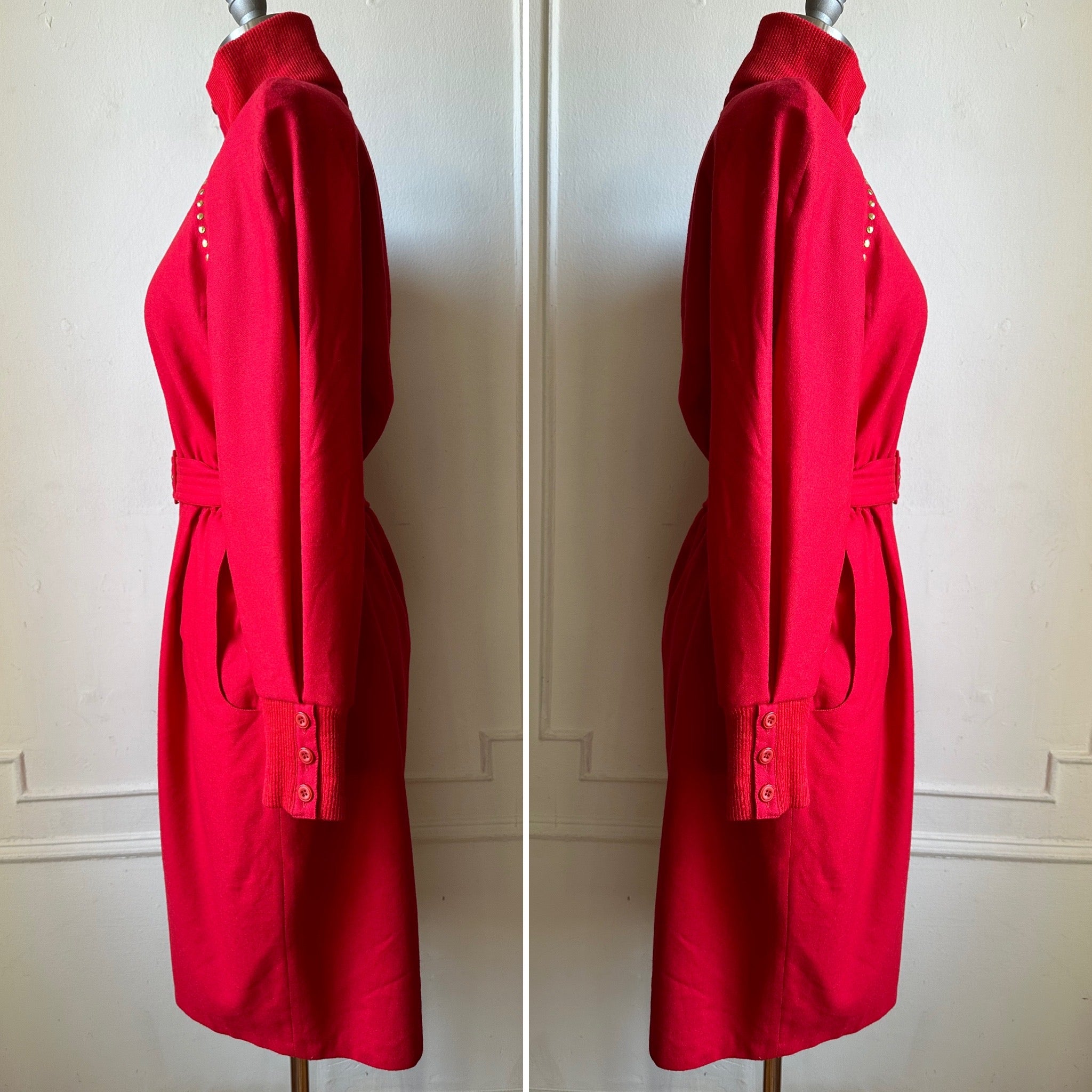 Vintage 80s Red Long Sleeve High Neck Wool Belted Dress