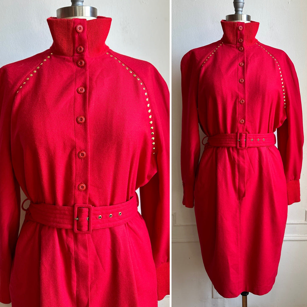 Vintage 80s Red Long Sleeve High Neck Wool Belted Dress
