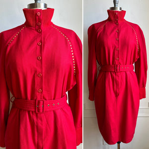 Vintage 80s Red Long Sleeve High Neck Wool Belted Dress