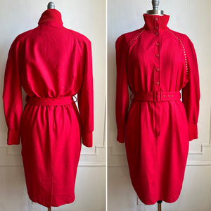 Vintage 80s Red Long Sleeve High Neck Wool Belted Dress