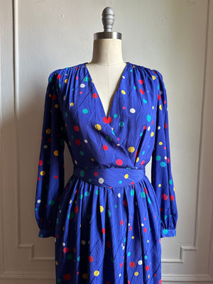 Vintage Blue Multicolor Polka Dot Wrap Dress