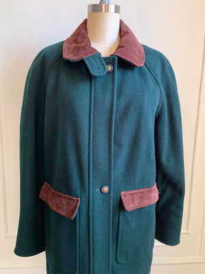 Vintage 80s Hunter Green 100% Wool Coat with Suede Trim