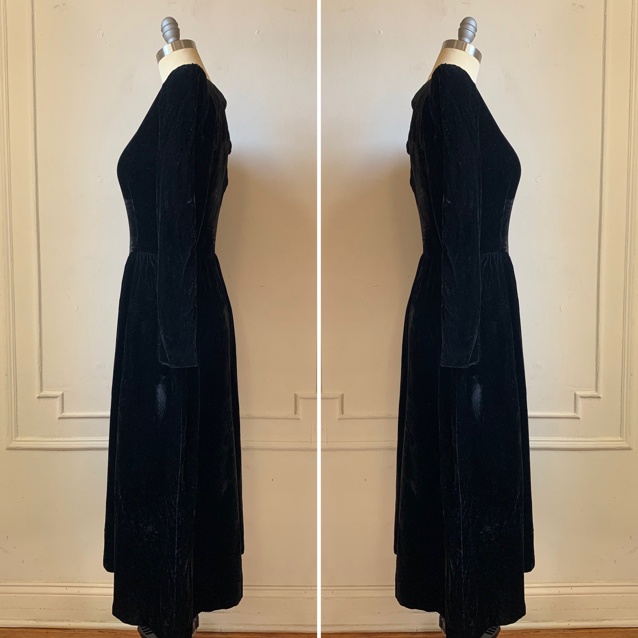 Vintage 80s Black Velvet Long Sleeve Bow Dress