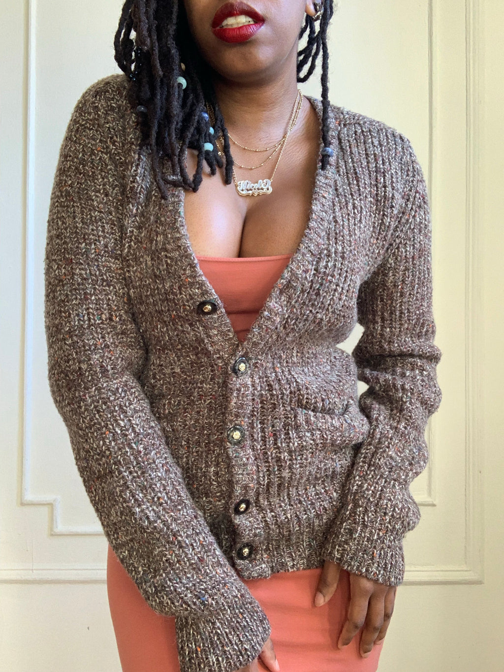 Vintage 80s Brown Speckled Knit Cardigan Sweater
