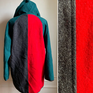 Vintage 90s Color Block Wool Hooded Winter Coat