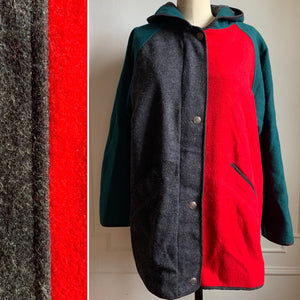 Vintage 90s Color Block Wool Hooded Winter Coat