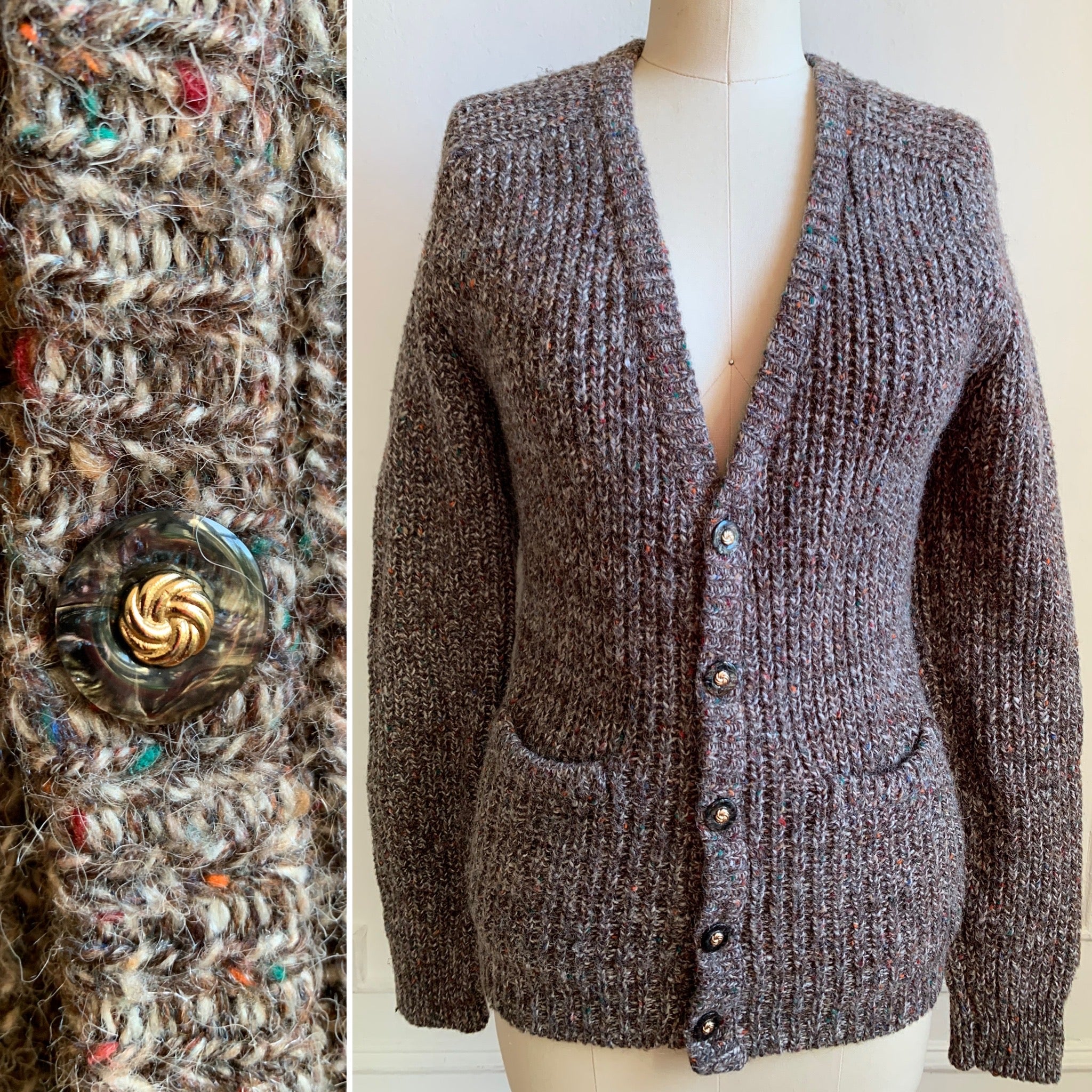 Vintage 80s Brown Speckled Knit Cardigan Sweater – It's Not About