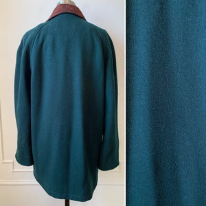 Vintage 80s Hunter Green 100% Wool Coat with Suede Trim